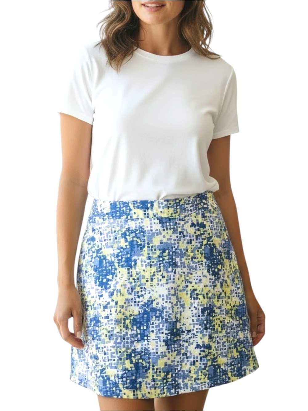 Pebble Beach Sz MEDIUM Blue Yellow Pixel A-Line Golf Skirt Skort Pockets